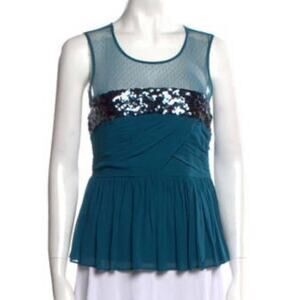 See by Chloe Silk Blouse Teal Blue‎ Black Sequin Sleeveless Peplum Hem Women's 2